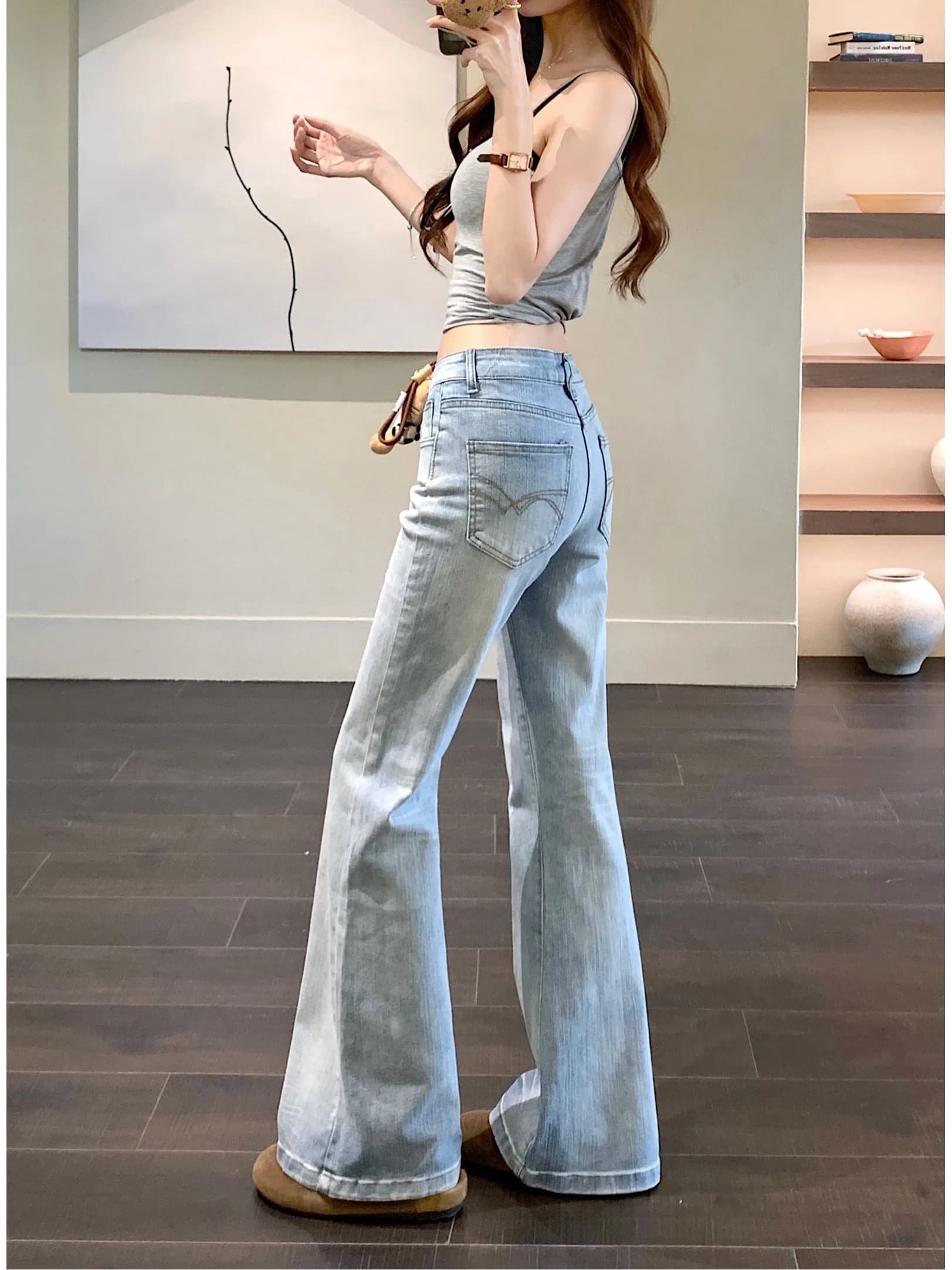 Low Waist Bell Bottom Denim Jeans Women's Summer Spring Washed out Loose Fit Straight Leg Bell Pants Commute Style Soft Fabric