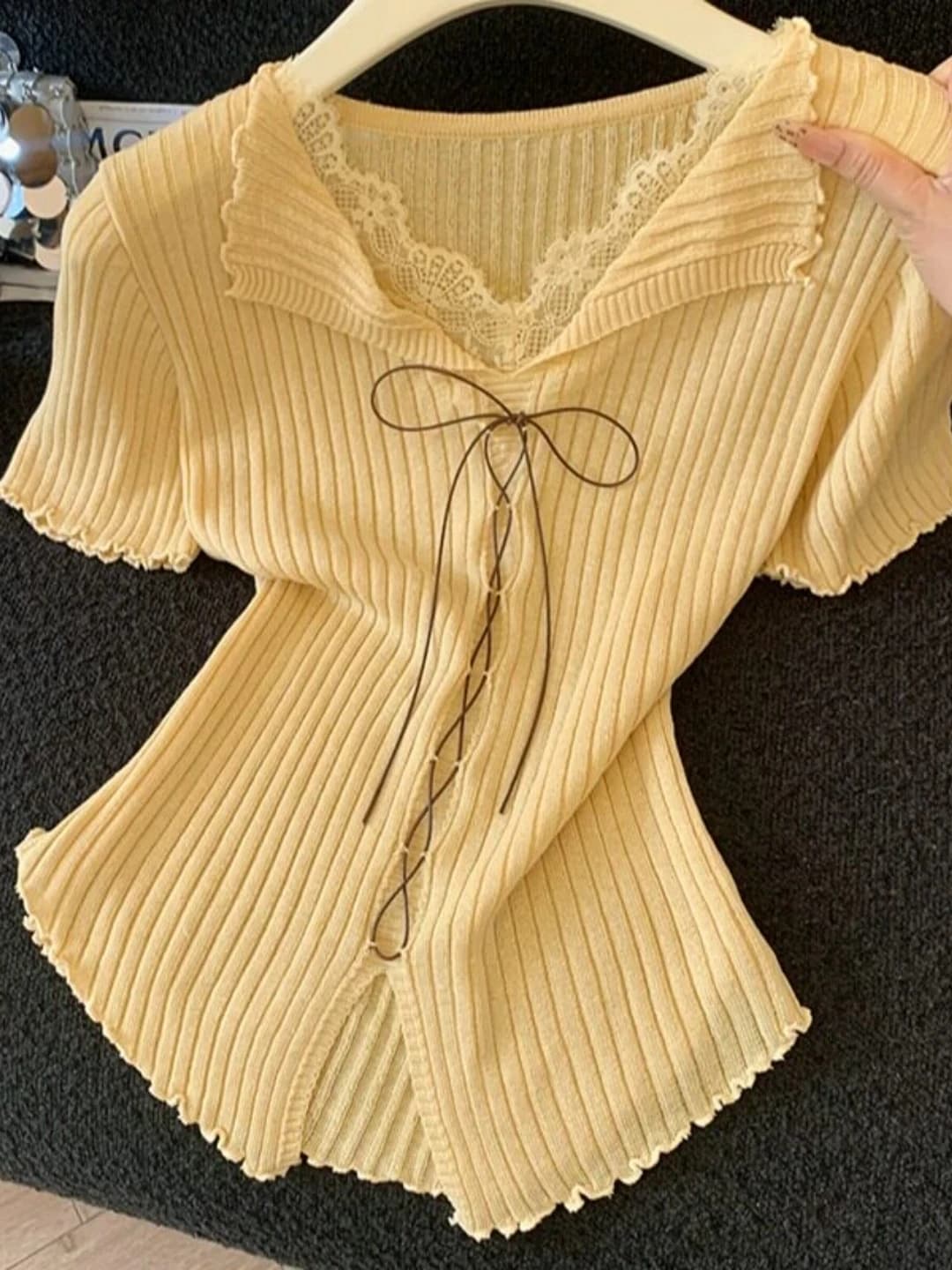 High-End Women's Knitted Top with Lace Trim Belted Slim Fit Short Sleeve V-Neck Korean Style Summer T-Shirt by NanYou