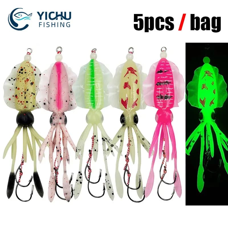 5 pezzi esca da pesca artificiale biomimetica luminosa esca morbida calamari gonne esca