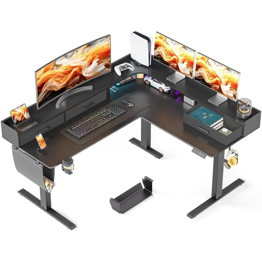 63 Inches Height Adjustable L Shaped Standing Desk with 3 Drawers and Monitor Shelf, Electric Corner Comupter Desk,, Customized
