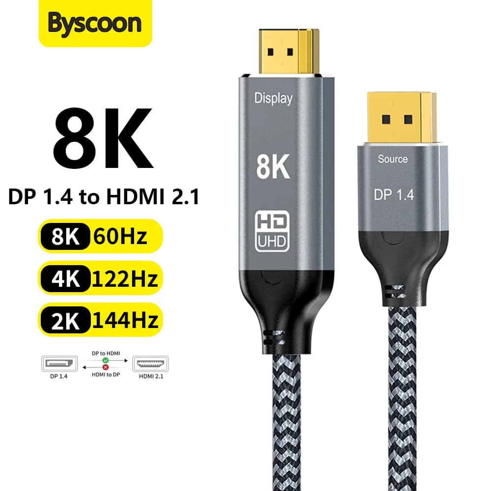 DisplayPort to HDMI Cable 8K@60Hz 4K@122Hz 2K@144Hz DP1.4 Source to HDMI 2.1 Display Uni-Directional DP Cord for PC AMD NVIDIA