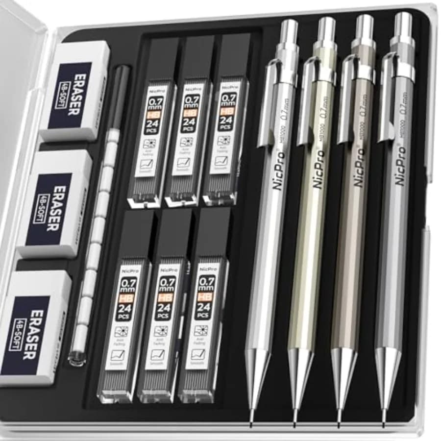 Mechanical Pencil 0.7mm with Case, MB1000 Metal Mechanical Pencil Set with 6 Tube HB #2 Lead Refill 0.7 mm, 3PCS 4B Eraser, 9 C