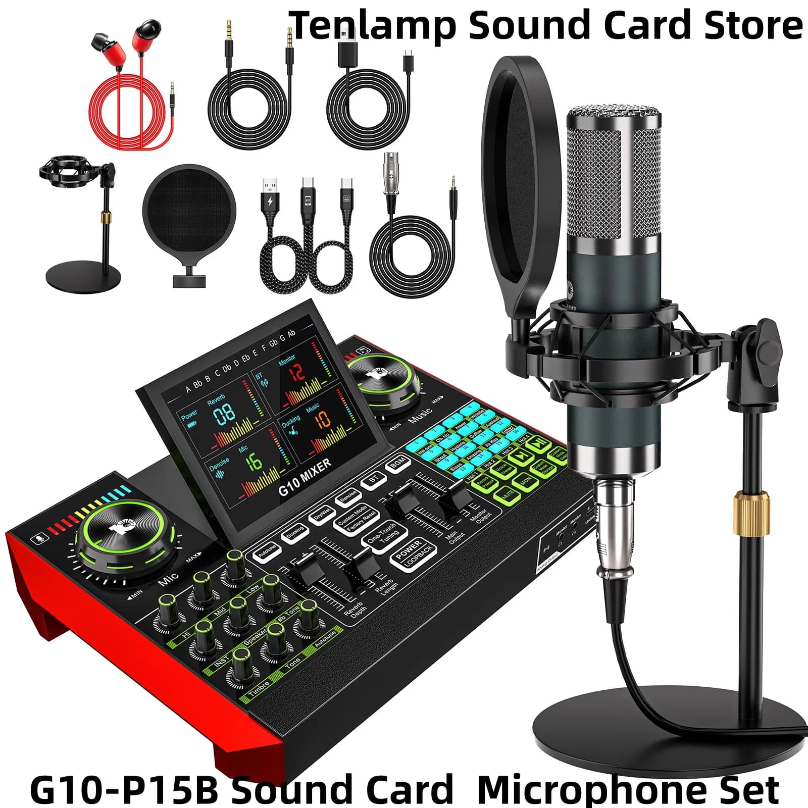 Set Mixer Microfonico Tenlamp G10-P15 per Podcast, Influencer, KOL, Canto, Gaming, DJ, Stazione di Mixaggio, Controller, Attrezzatura da Studio, Registrazione Professionale, Condizionatore di Alimentazione, Macchina per Karaoke, Microfono Dinamico a Condensatore Portatile Disponibile