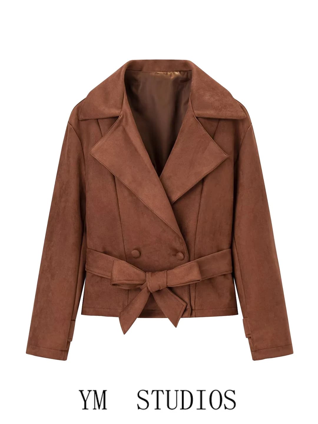 Retro Women's ort Jaet with Belt Quilted Suede Casual Suit Collar Double Breasted Waist Inward Design Polyester Fiber