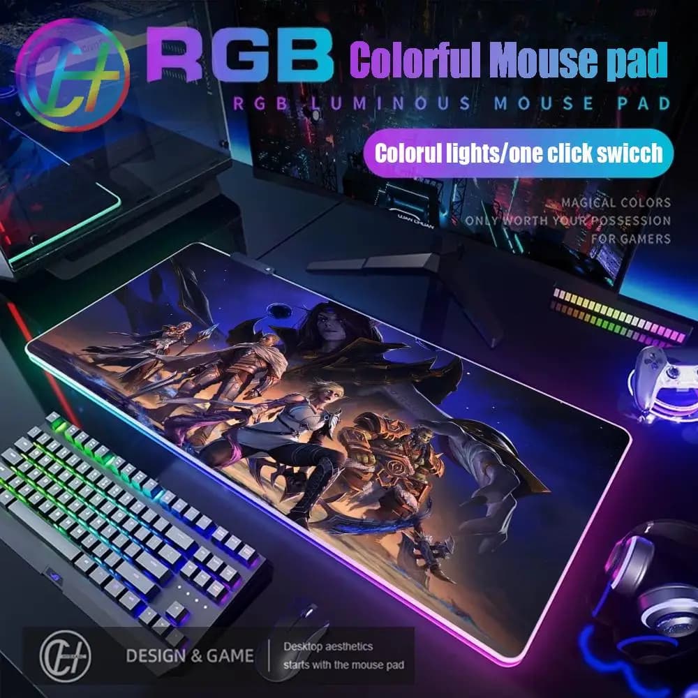 Tappetino per mouse da gioco RGB Anime World of Warcraft, accessori per computer, tappetino XXL con bordo bloccato per tastiera e mouse, tappeto per gamer, ufficio