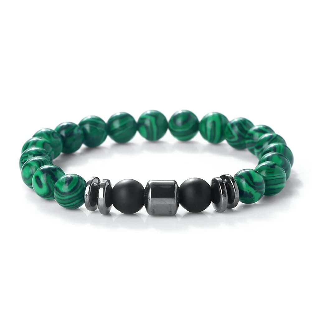 Bracciale Artigianale da Uomo 8mm con Perle di Malachite, Onice e Occhio di Tigre, Accessorio in Ematite, Bracciale Curativo, Gioiello Regalo per Donna