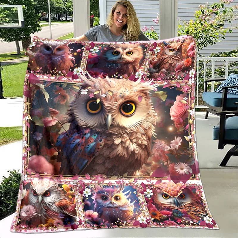 1 floral blanket with owl of wonderland, light, in flannel, for sofa bed, chair, living room, travel, digital print, soft and warm gift