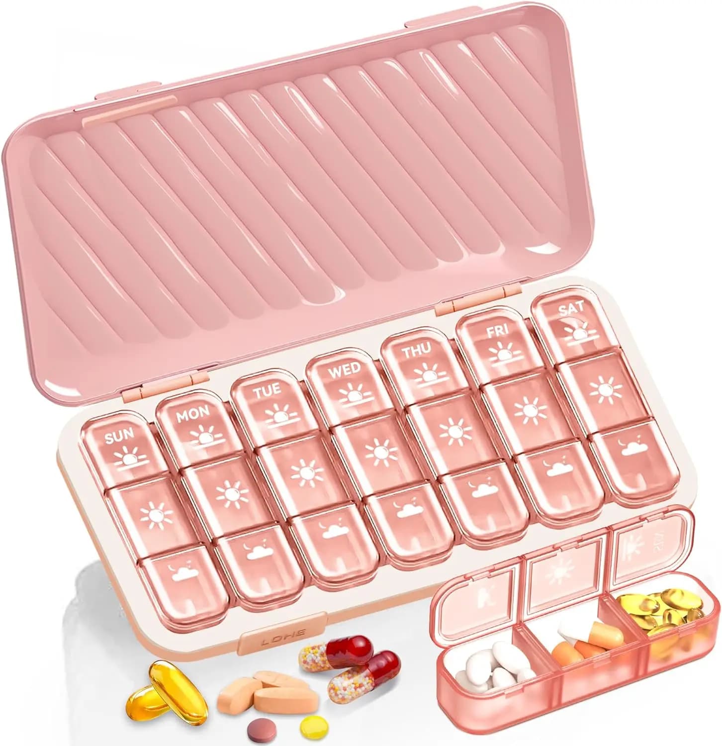 Organizzatore di pillole per 7 giorni, 3 volte al giorno, portapillole settimanale portatile per vitamine e integratori, rosa