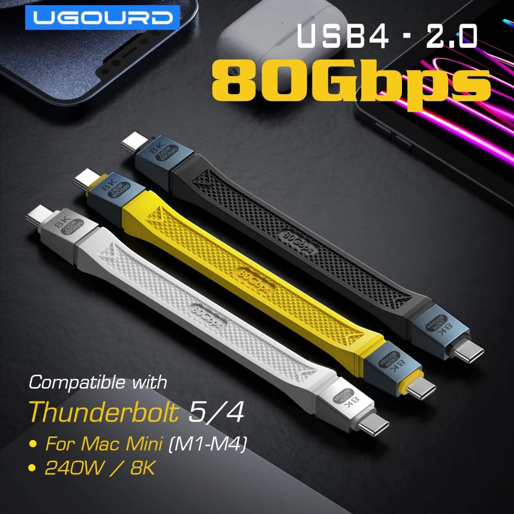 UGOURD Thunderbolt 5 Type C USB4 2.0 Cable 80Gbps Gen4 USB C to EGPU 16K PD 240w 120Gbps Short Cable Compatible Thunderbolt 4/3