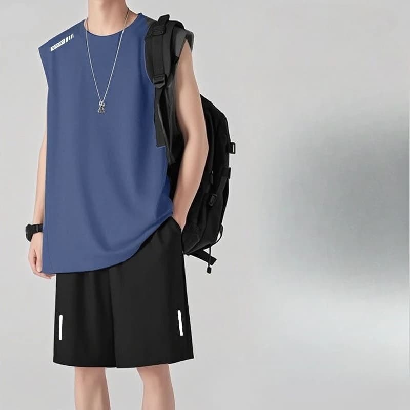 Men's breathable shorts set in 2 pieces, Ice Silk style, sleeveless top, 5 inch shorts, comfortable for everyday use
