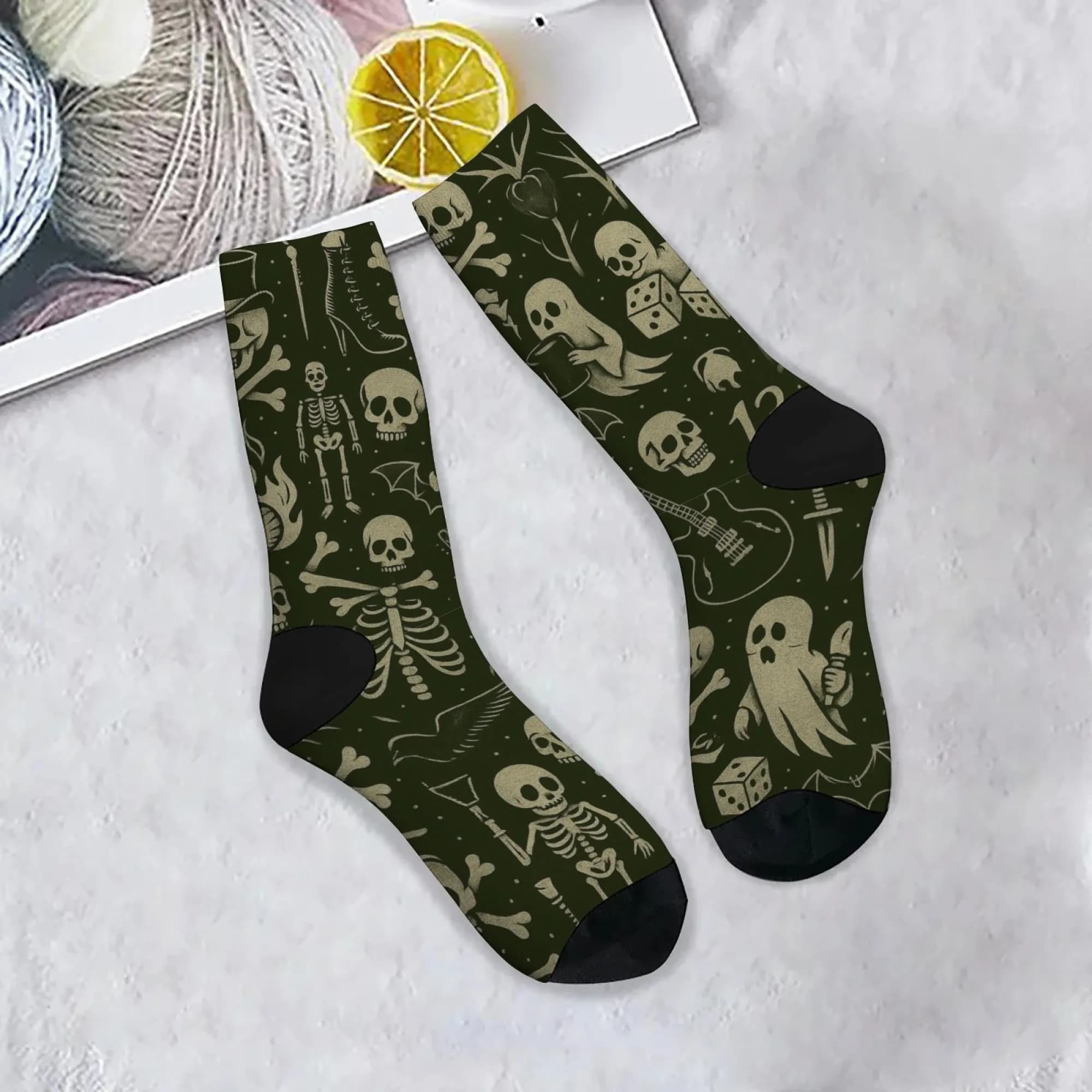 Harajuku Retro Ghost Skull Print Men's Socks Comfortable Breathable Non-slip Casual Socks Street Hip-hop Crew Socks Party Gift
