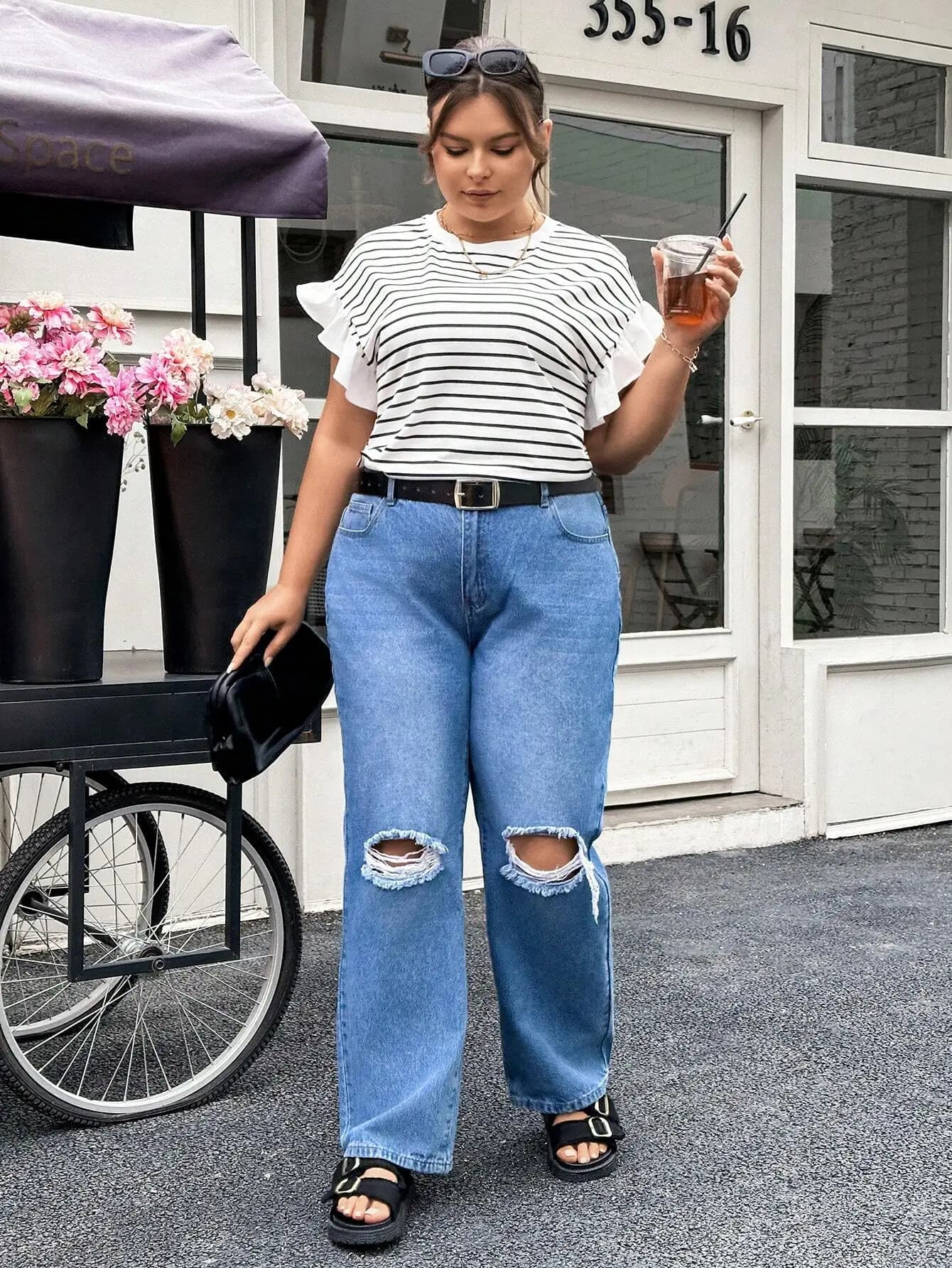 T-shirt a maniche corte a righe con volant per donna, top casual estivo