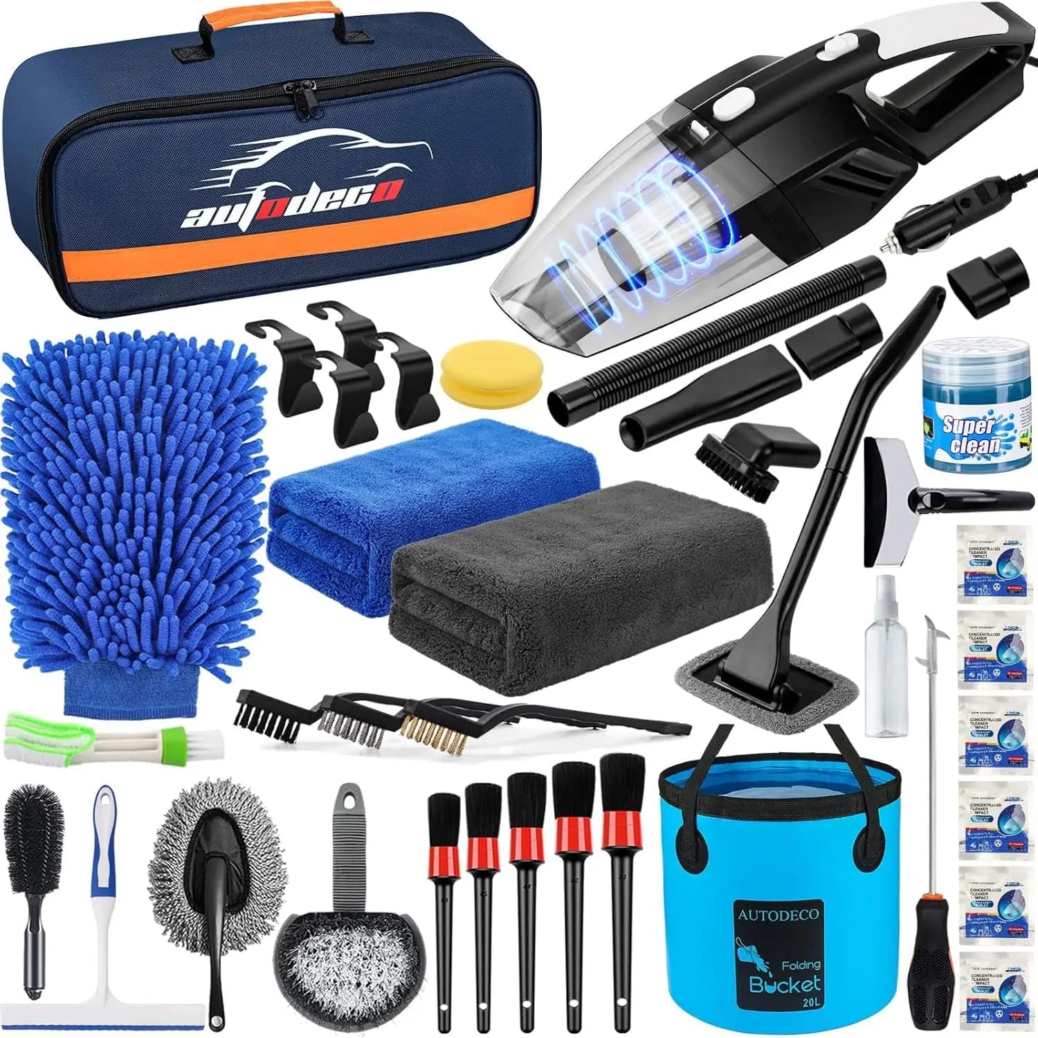 Kit per autolavaggio da 41 pezzi con aspirapolvere portatile, secchio pieghevole, pala da neve e strumenti di dettaglio per la cura completa dell'auto