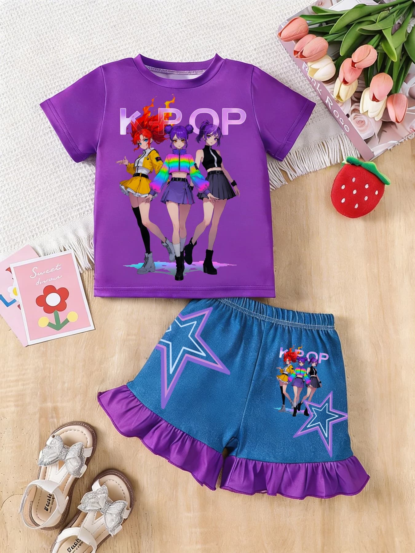 Set Trendy per Ragazze con Grafica K-Pop e Anime, 2 Pezzi: Maglietta a Maniche Corte e Pantaloncini con Orlo a Volant, Abbigliamento Streetwear per Bambini