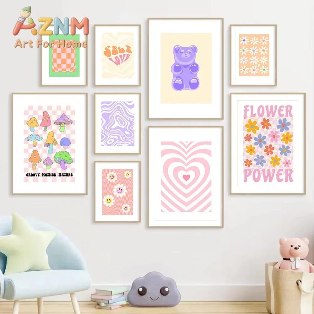 Abstract Danish Pastel Posters Purple Gradient Bear Love Flower Canvas Painting Wall Nursery Print Pictures Kids Room Decor
