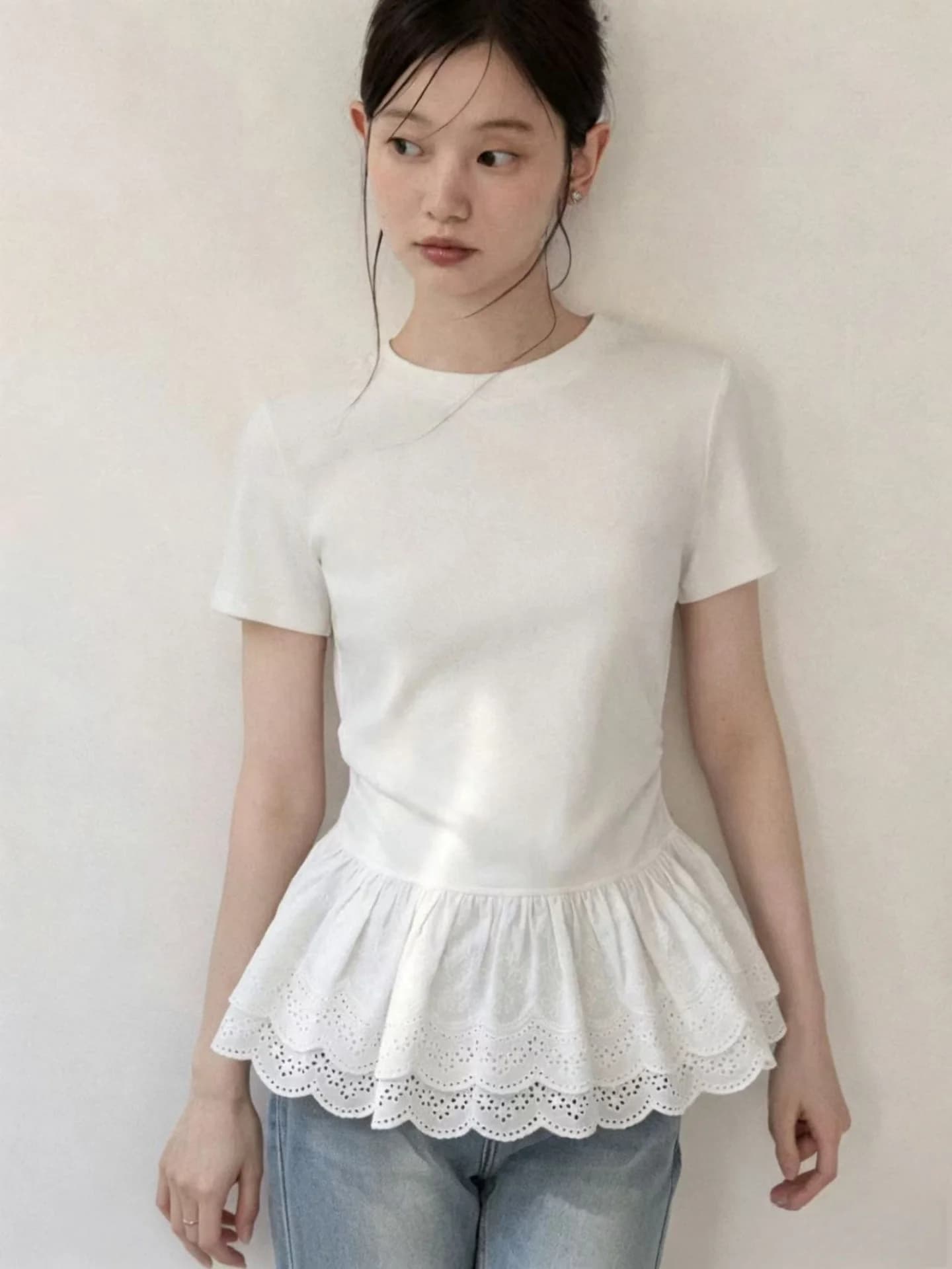 Slim Fit round Neck Short Sleeve T-Shirt 95 Cotton Lace Hem Large Size Summer New Style Women's Casual Comfortable Top