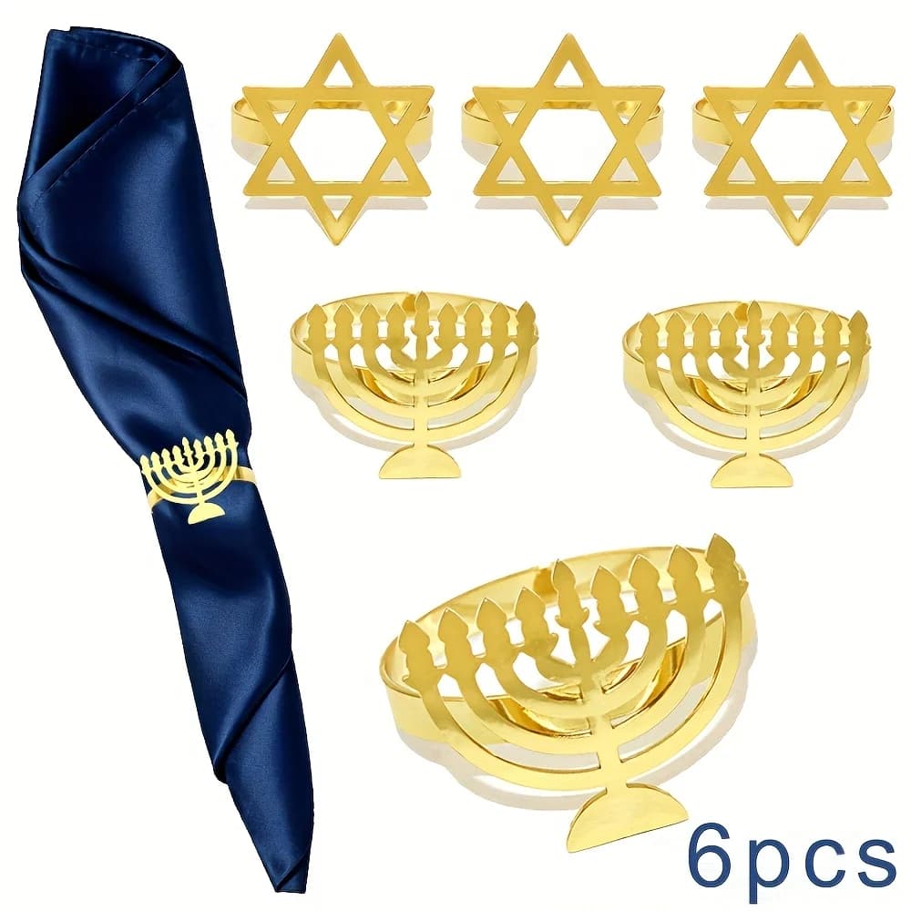 6Pcs Hanukkah Menorah Napkin Rings Gold Silver Rhinestone Star Cloth Holder Buckles Set Chanukah Jewish Party Table Decoration