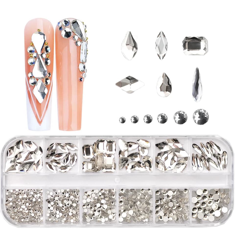 12 griglie Clear Mixed size Nail Art strass Crystal 3D Glitter Non Hotfix Diamond Decoration accessori per unghie