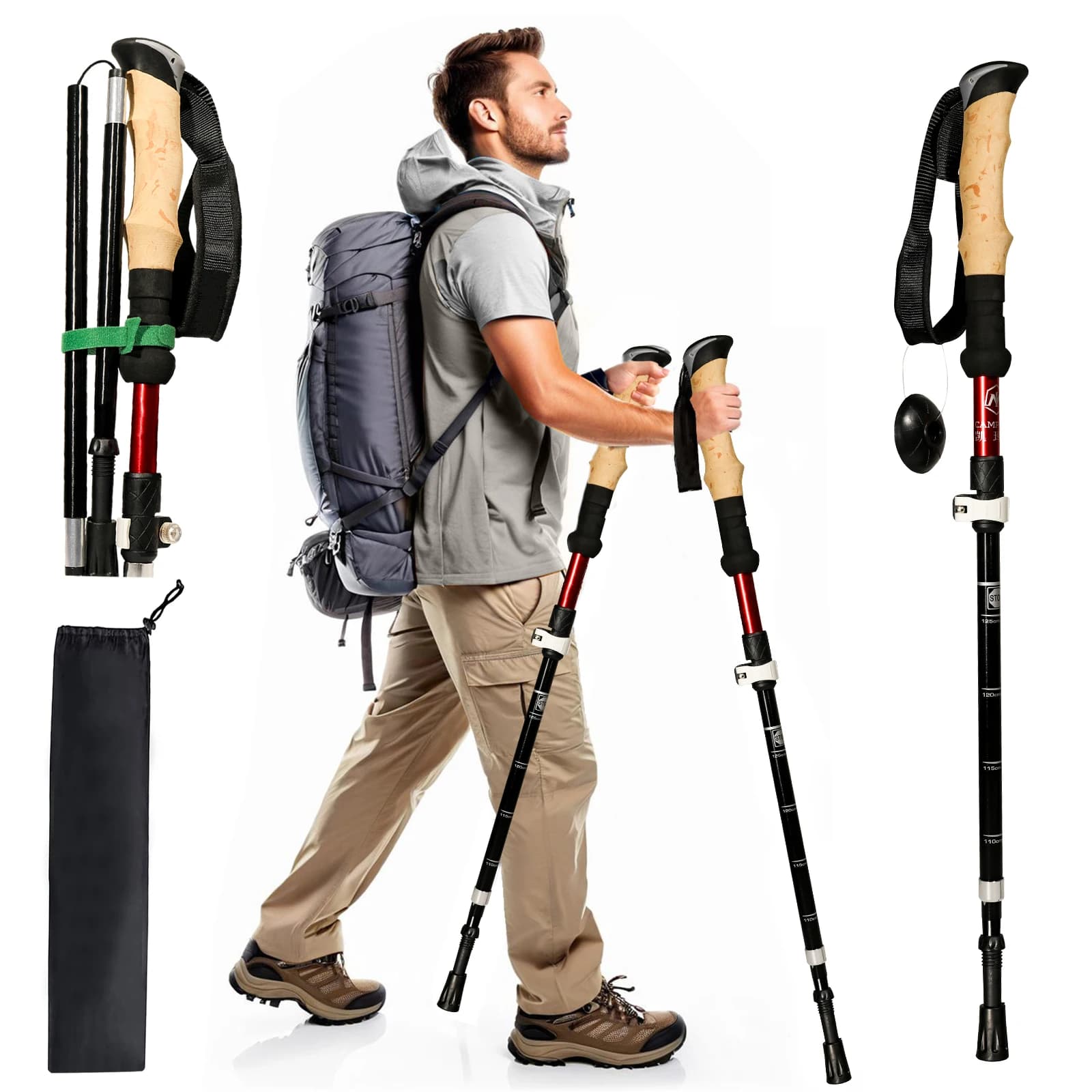1 paio di bastoncini da trekking leggeri in 3 sezioni, portatili, pieghevoli, telescopici in lega di alluminio per escursionismo e arrampicata