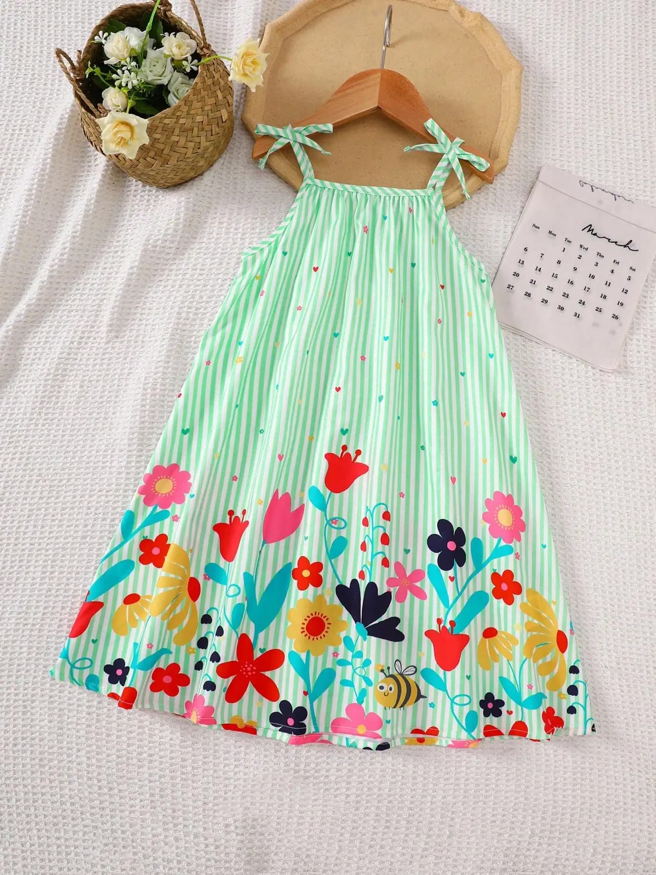 Green Striped Floral Print Sleeveless A-Line Sundress Summer Casual Dress