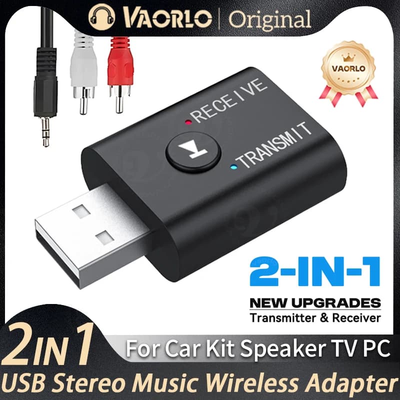 Trasmettitore ricevitore audio Bluetooth 5.0 2 in 1 Adattatore wireless per musica stereo USB AUX da 3,5 mm con microfono per kit per auto Altoparlante PC TV