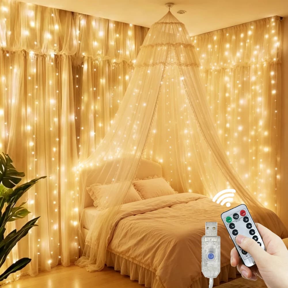 Luci a tenda a LED dimmerabili con telecomando e timer, 8 modalità, alimentate tramite USB, luci a stringa per pareti, matrimoni, feste, Natale