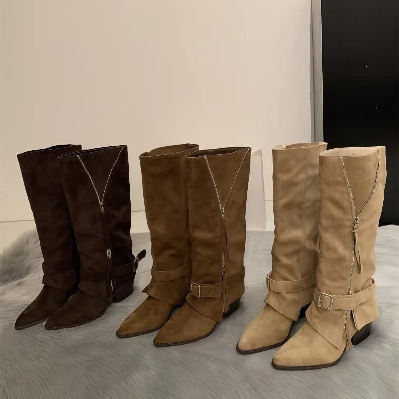 Women's Boots Vintage Suede Leather Casual Long Tube Boots Temperament Pointed Toe Pants Tube Boot Fashion Women Straight Boots