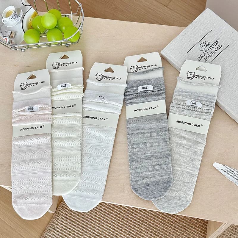 Women Scalloped Hollow Knit Cotton Mid Calf Stackable Socks Match Mary Jane Flats Minimalist Daily School Aesthetic Socks