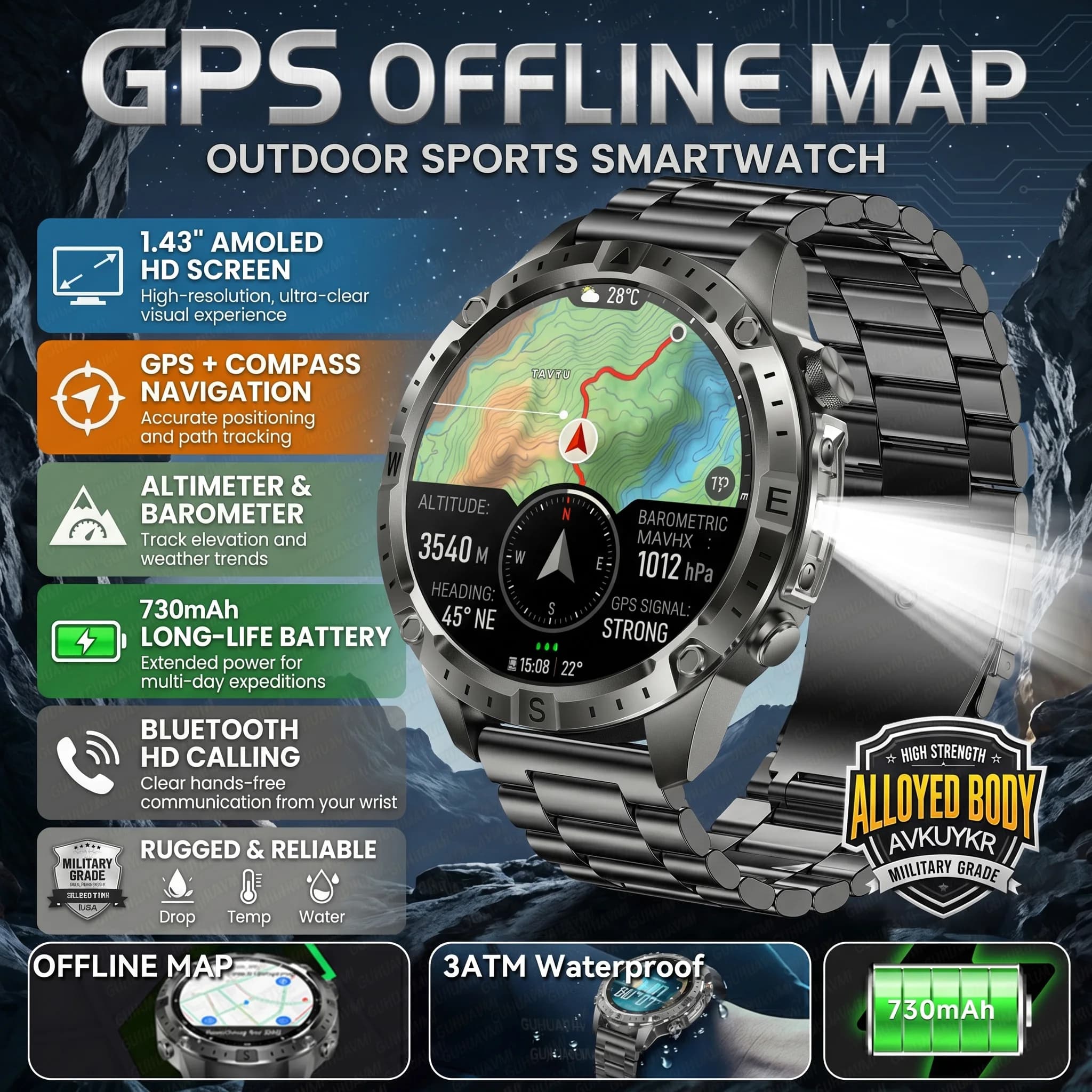 Nuovo Smartwatch Militare per Uomo con GPS, Mappe Locali Scaricabili, Memoria 2GB, 170+ Modalità Sportive, Monitoraggio Salute, Chiamate e Braccialetti Sportivi