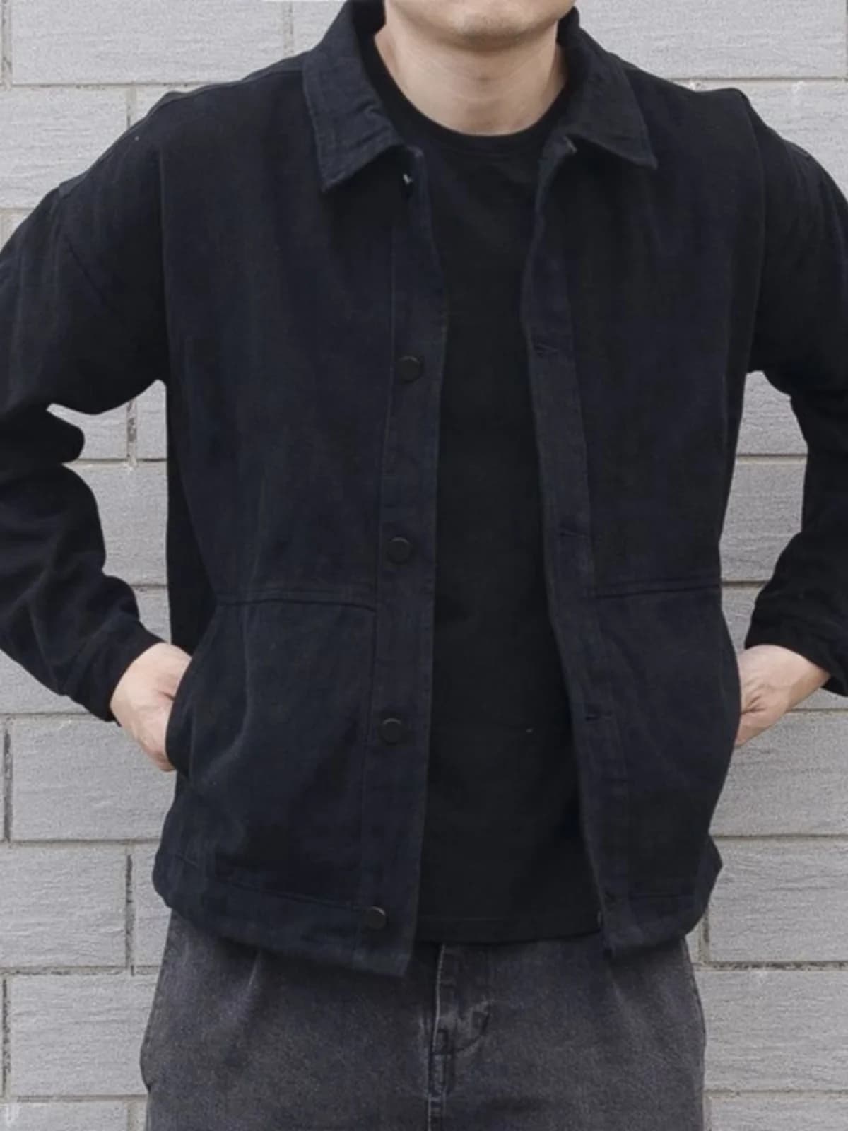 Giacca in denim da uomo foderata in pile, stile workwear, con colletto, oversize, resistente all'usura, per autunno e inverno