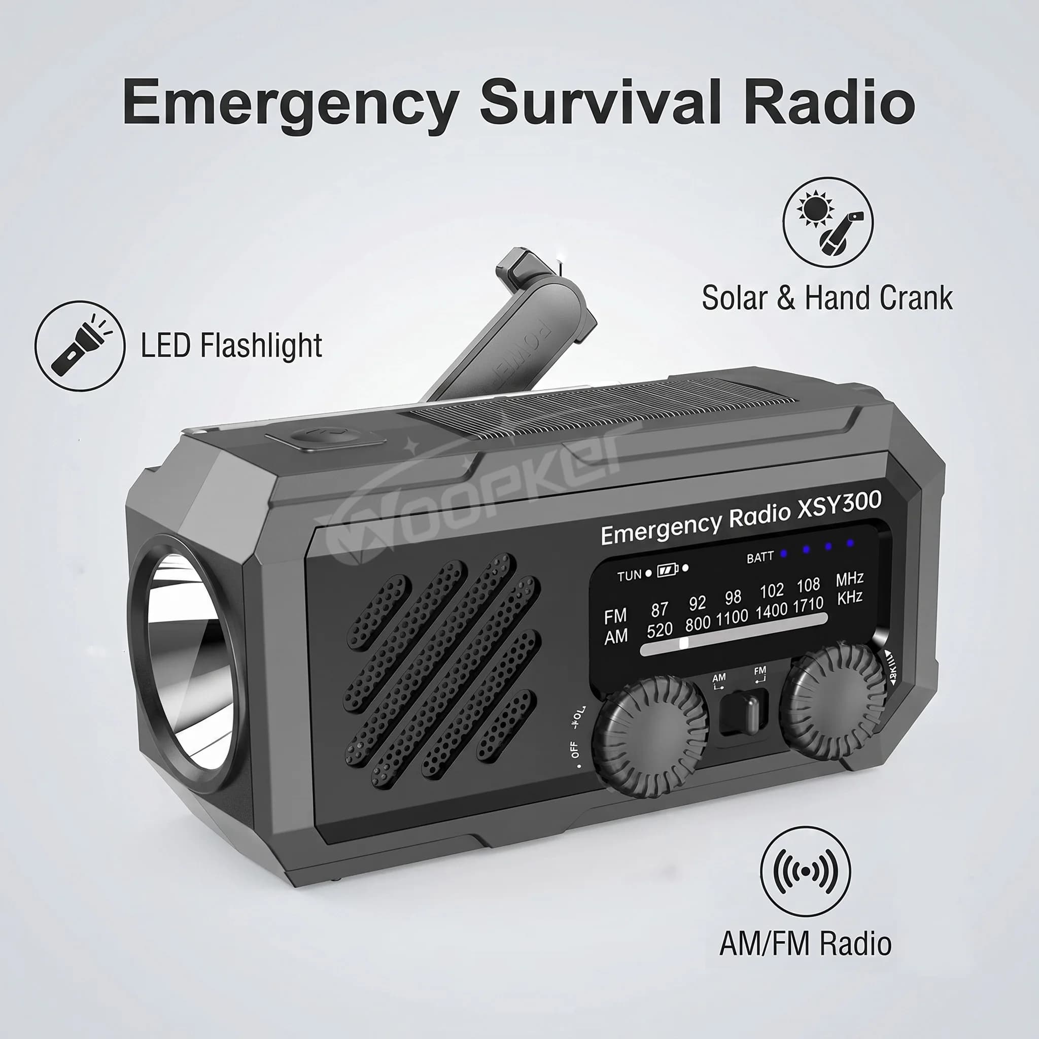 WOOPKER portable radio Solar Hand Crank Emergency Radio AM/FM/WB Weather Radio with LED Flashlight SOS Alarm USB Power Bank