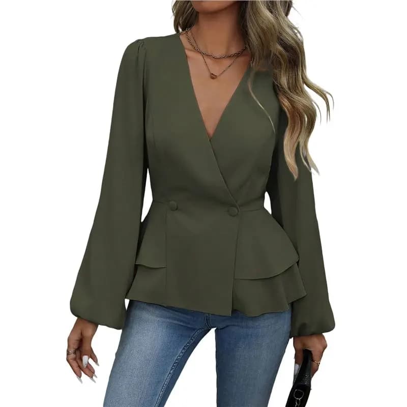 CYL-Camicette Eleganti a Maniche Lunghe da Donna, Camicie da Lavoro con Peplum Incrociato, Top Eleganti con Scollo a V per l'Autunno