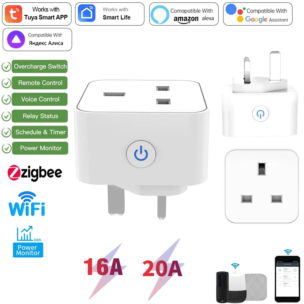 TUYA smart socket with WiFi, British plug, Zigbee 3.0, Alexa voice control, British standard, 16A/20A with dosing capacity