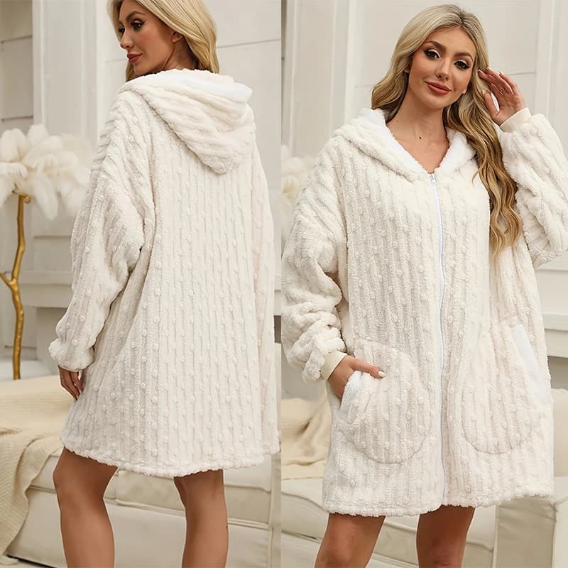 Autumn Winter Warm Flannel Nightgown Zipper Hooded Coral Fleece Sleepwear Bathrobe Gown Short Home Dress Loose Blanket Pajamas