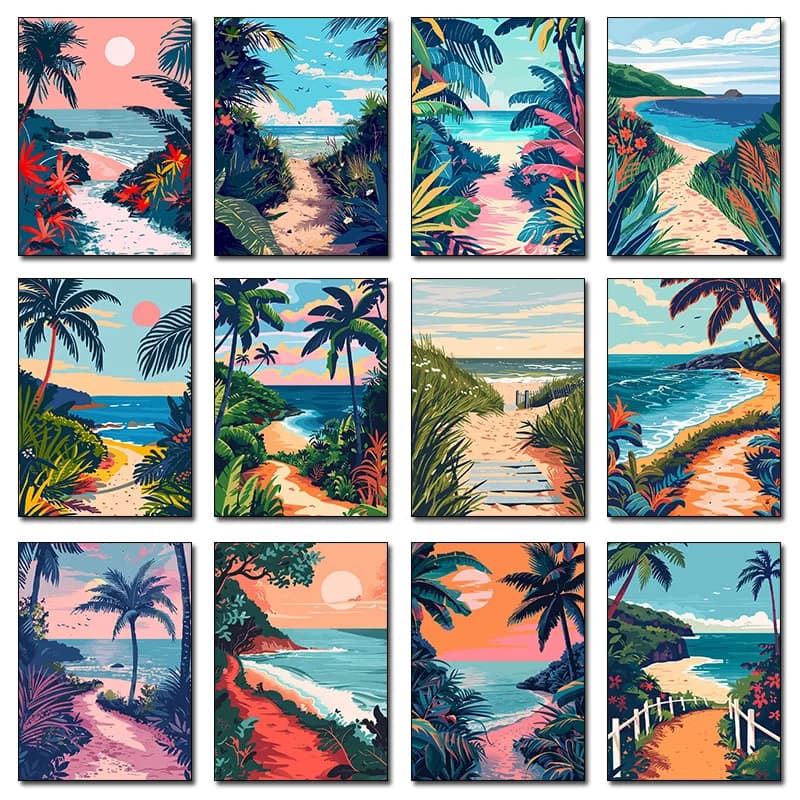 1pcs(No frame) Beach Illustration Art Poster Canvas Printing Beach Seascape Wall Decor Sea Wall Art Picture Summer Aesthetic P