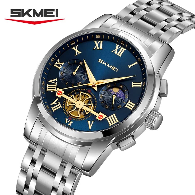 SKMEI 9394 Orologio da Uomo Elegante e Alla Moda, Impermeabile con Fasi Lunari, Cronografo, Cinturino in Acciaio, Orologio di Lusso da Uomo