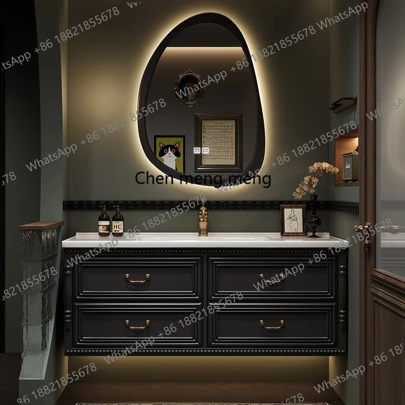 Mobile Bagno Verde Europeo Moderno Classico in Legno con Lavabo e Specchio, Mobiletto Salvaspazio per Bagno