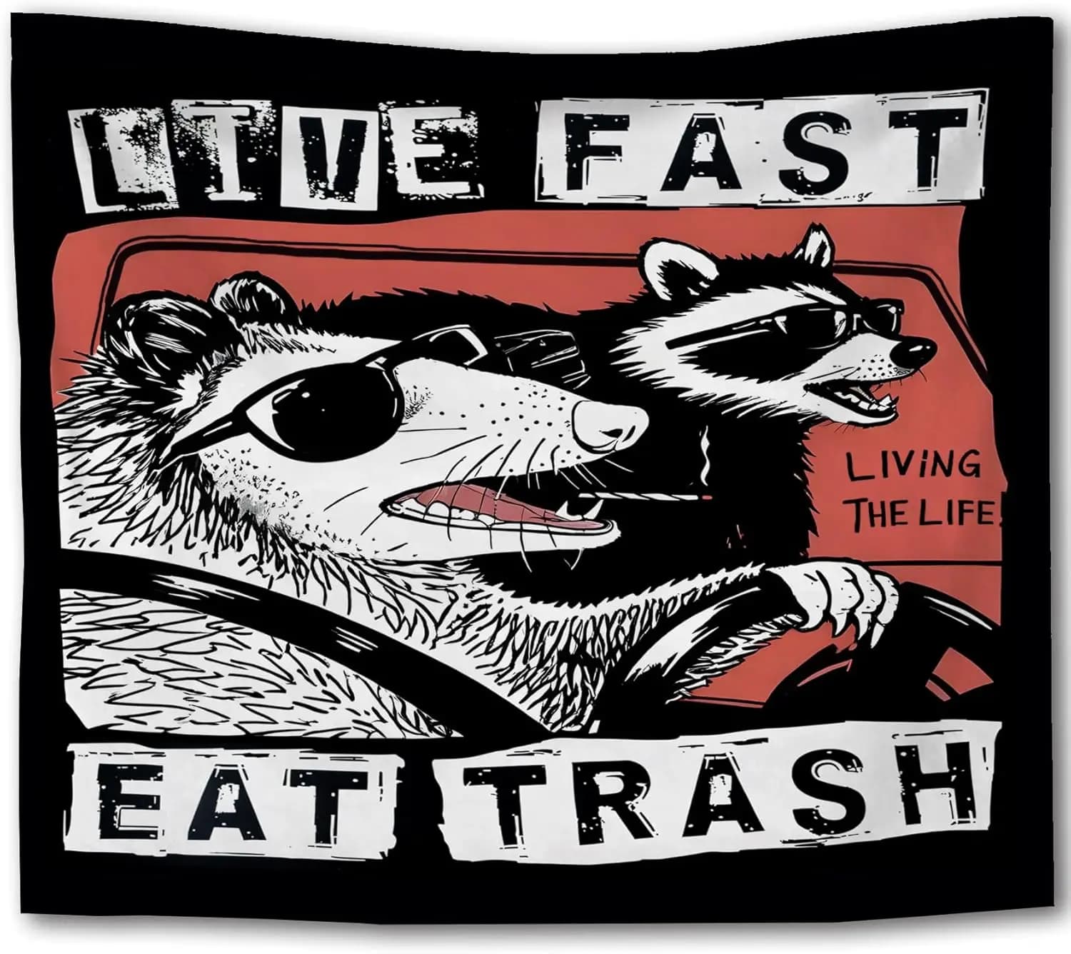 Decorative Raccoon Tapestry Wall Hanging Live Fast Eat Trash Pop Culture Animal Art Poster Decor Polyester Fabric Print for Livi