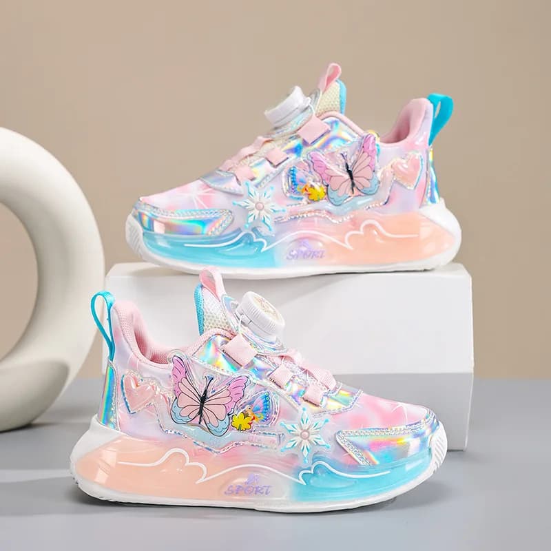 Scarpe da ginnastica per bambini 2025 Nuove scarpe sportive per ragazze Mesh Scarpe da corsa per bambini traspiranti Fibbia rotante Scarpe causali con suola morbida
