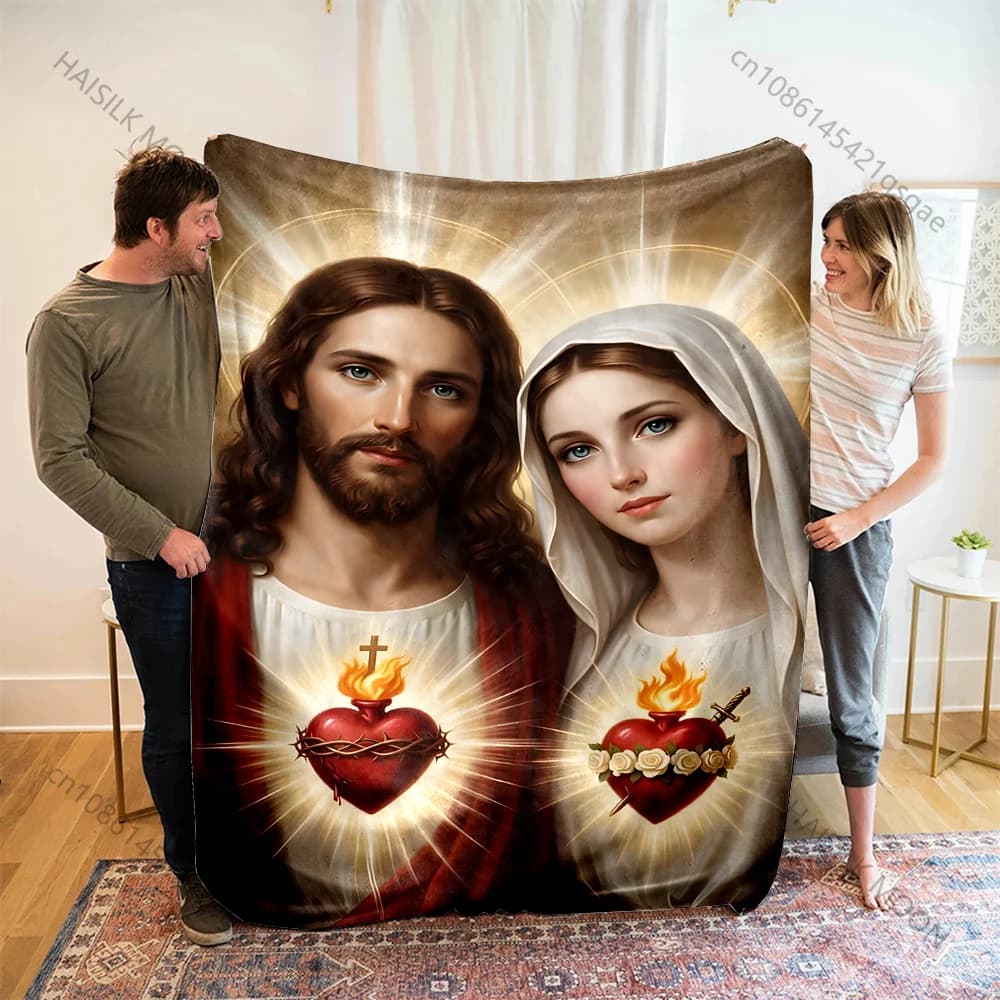 1PC Coperta con stampa di cuori sacri con aureole, calda, morbida e soffice, per bambini e adulti, per divano, letto, viaggi all'aperto, campeggio, camper