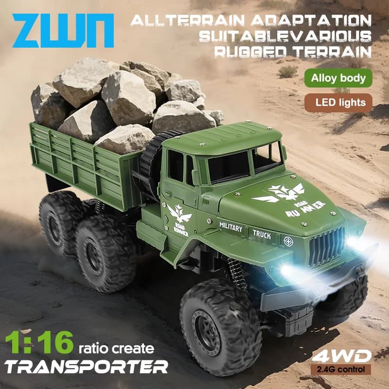 ZWN 1:16 2.4G Camion militare RC a sei ruote in lega di alluminio con luci Auto telecomandate per esterni Giocattoli Regalo per bambini.