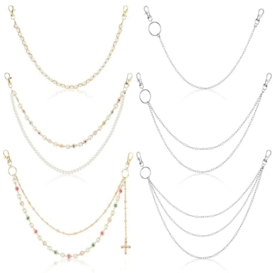 6 Pcs Pant Chains Layered Wallet Chain for Men Women Skull Pearl Chain Jean Accessories Fashion Metal Keychain