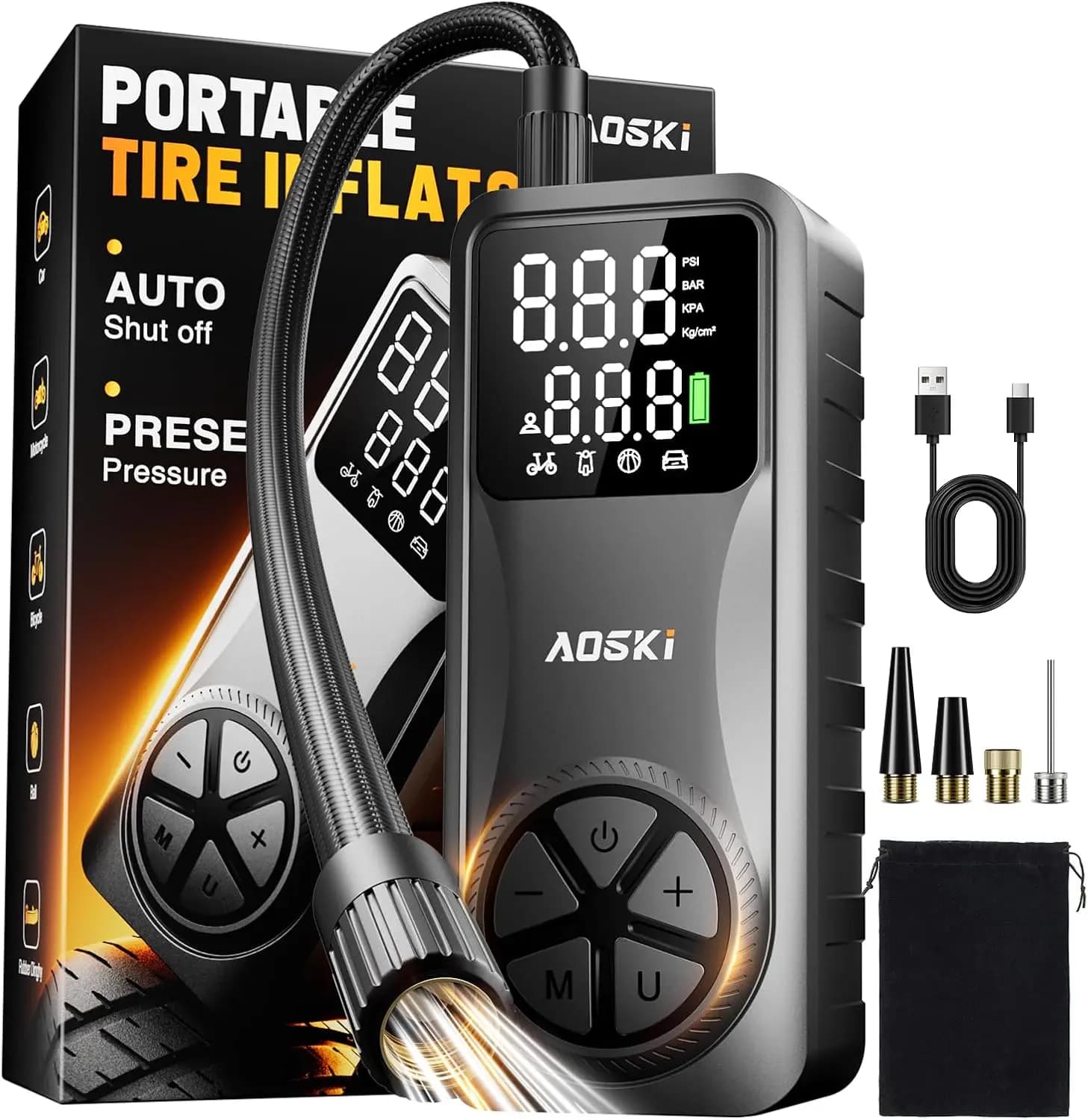 Compressore d'aria portatile: pompa ricaricabile da 150 PSI con manometro digitale, luce LED, spegnimento automatico per auto, moto, bicicletta