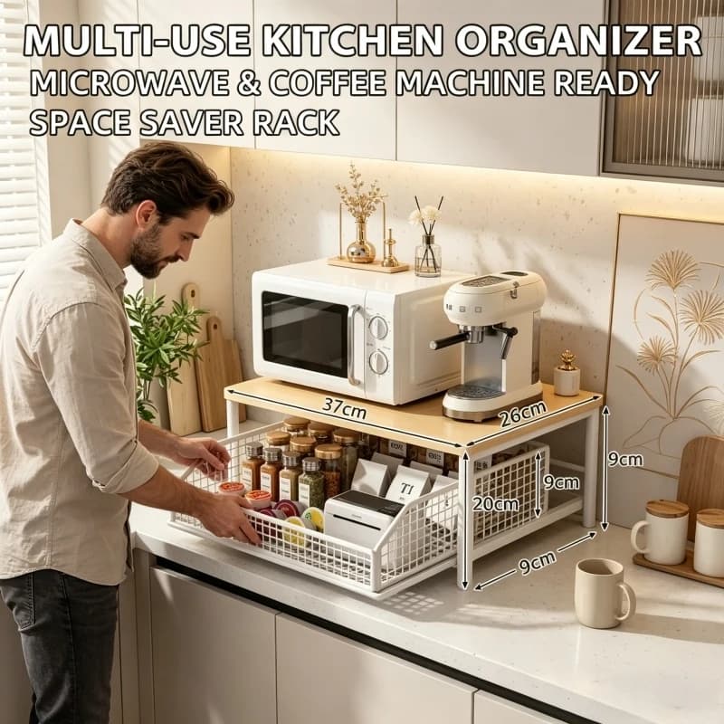Home Household Microwave Coffee Machine Printer Stand Kitchen Shelf Organizer Countertop Rack for Spice Jars Multi Use White 1PC