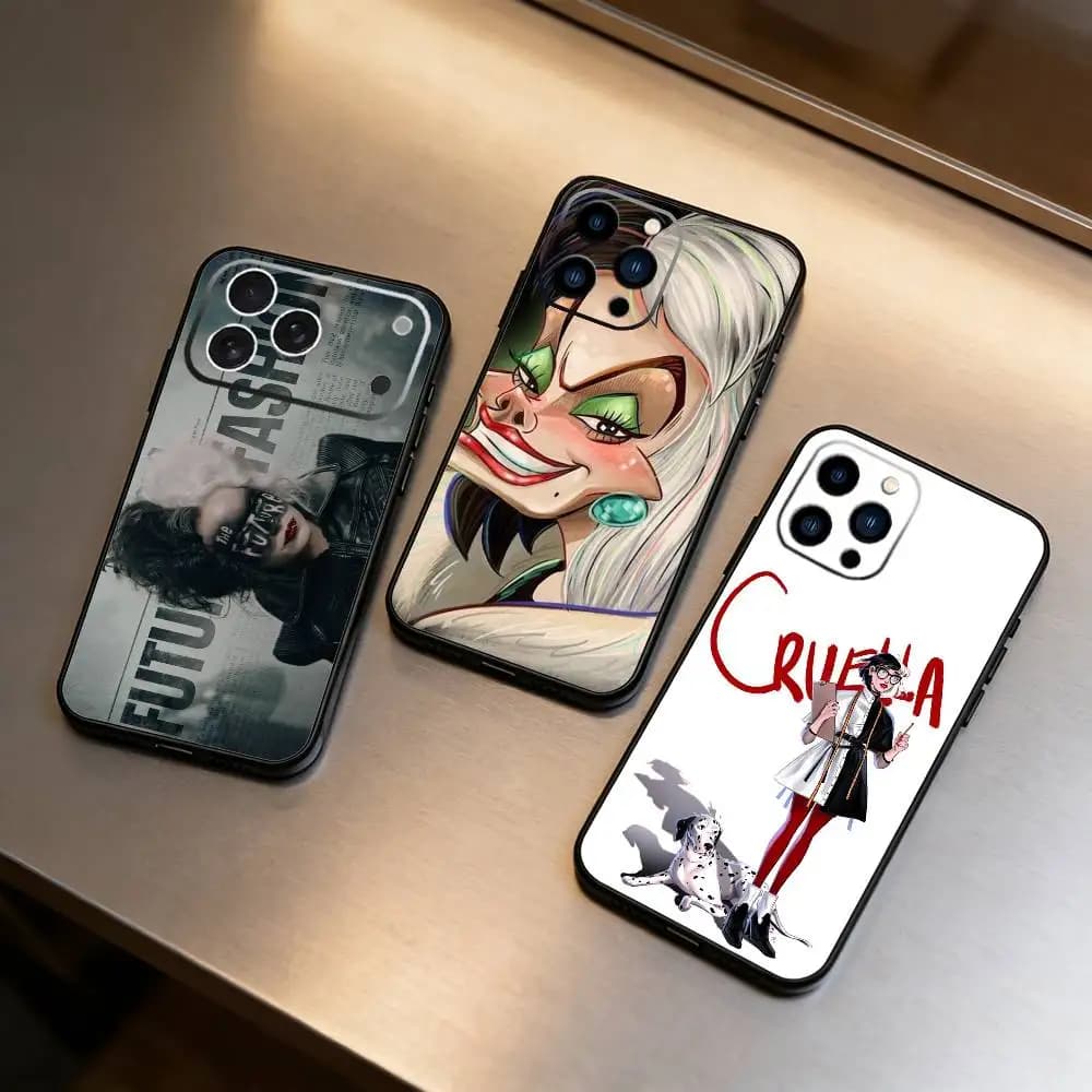 Cover per iPhone C-Cruella D-De Vil in silicone nero per modelli 17, 16, 15, 14, 13, 12 Max Plus