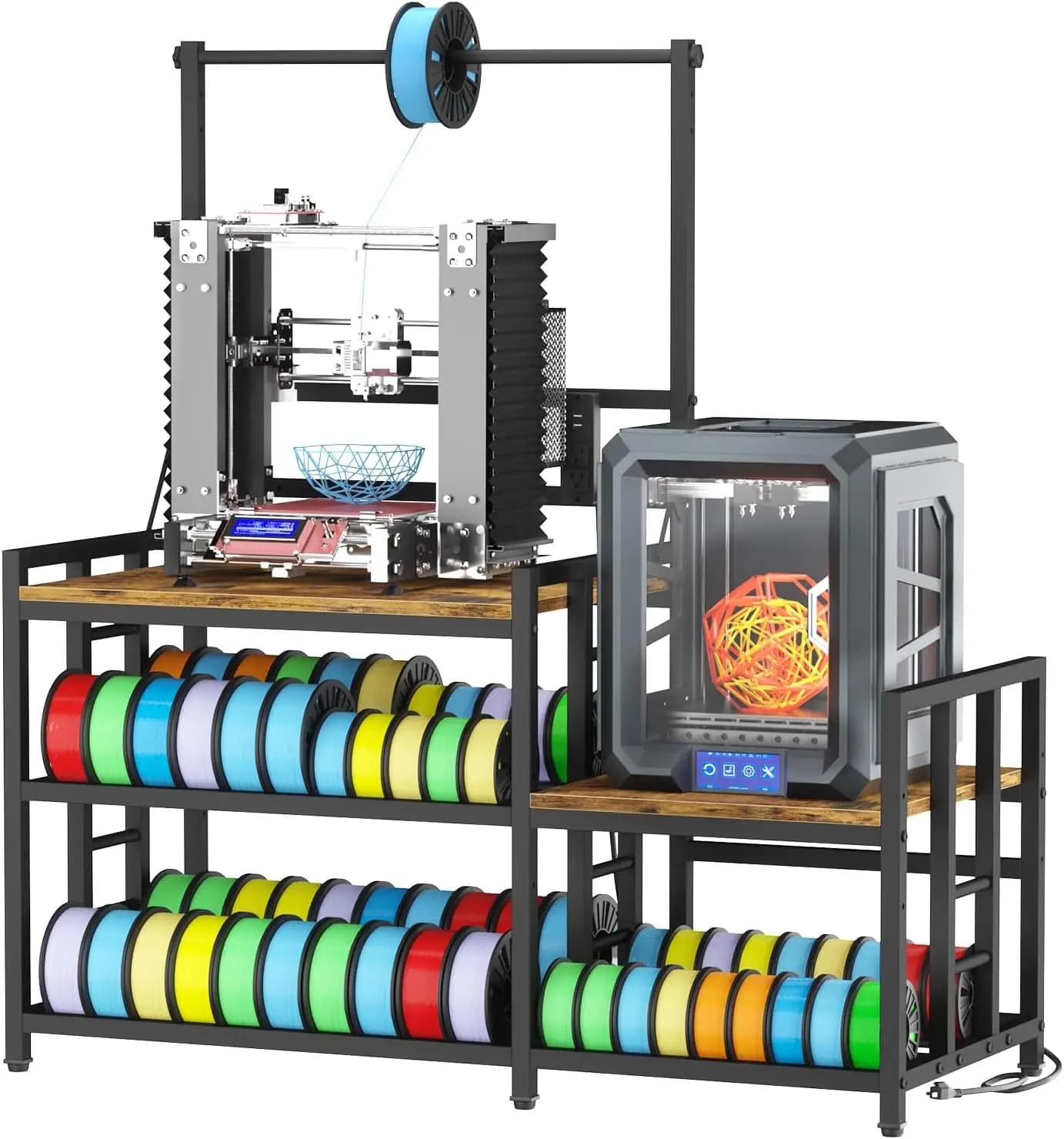 Supporto per Stampante 3D Resistente con Vano Porta Filamento e Presa di Alimentazione per Bobine di ABS, PLA, TPU in Marrone Retrò