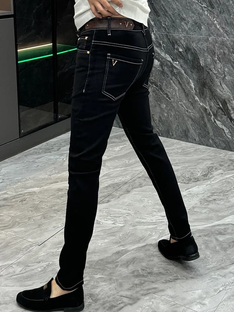 Slim Fit Black Jeans Men's Casual Business Straight Leg Jeans Summer New Style Metal Decoration mid Waist Zipper Pocket