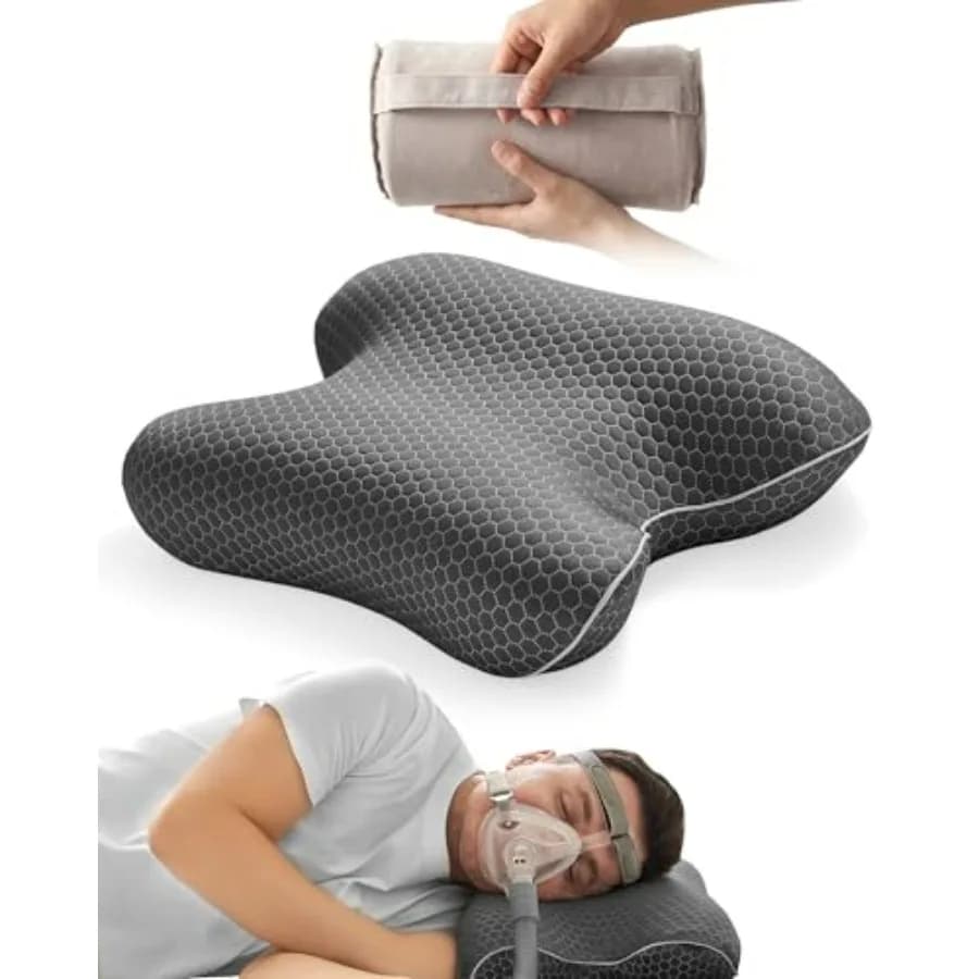 CPAP bed pillow for side and back sleepers, memory foam with cooling cover, gray, packable cervical support for hotels and camp
