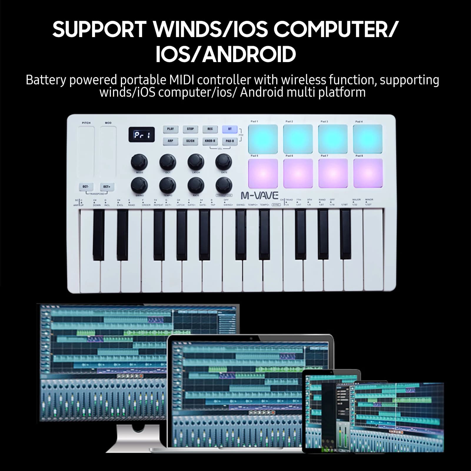 M-VAVE SMK-25-Key 8 Backlit Drum Pads MIDI Keyboard Professional Beat Maker Keytar for Keyboard Music Production Builtin