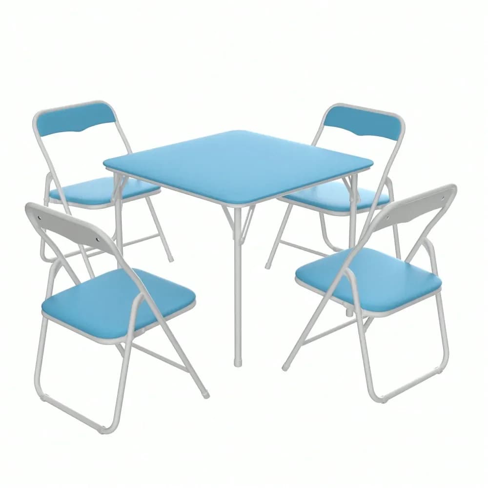Set Tavolo da Gioco Pieghevole con 2-4 Sedie Imbottite Morbide, Tavolo da Scacchi/Carte con Struttura in Metallo e Piano in Plastica per Interni ed Esterni, Azzurro